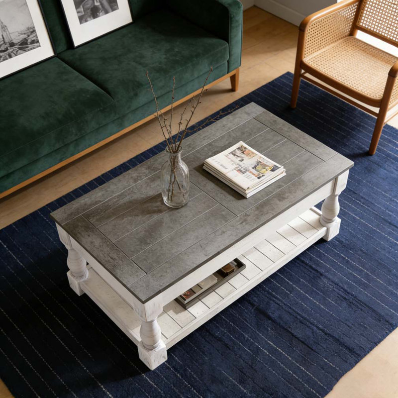 Farmhouse Lift Top Coffee Table with Fixed Shelf, Antique Gray, Antique White