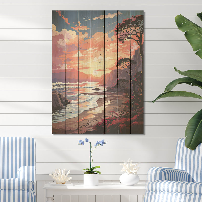 Orange Sunset Bold Beach III - plage sur bois, H 40 po x l 30 po