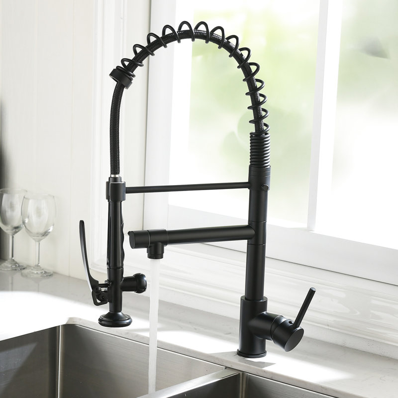 Robinet d'évier de cuisine noir et nickel avec poignée rétractable - poignée simple, eau froide chaude, antirouille, laiton chaud entièrement moderne, pivotant à 360 degrés, style contemporain pour éviers
