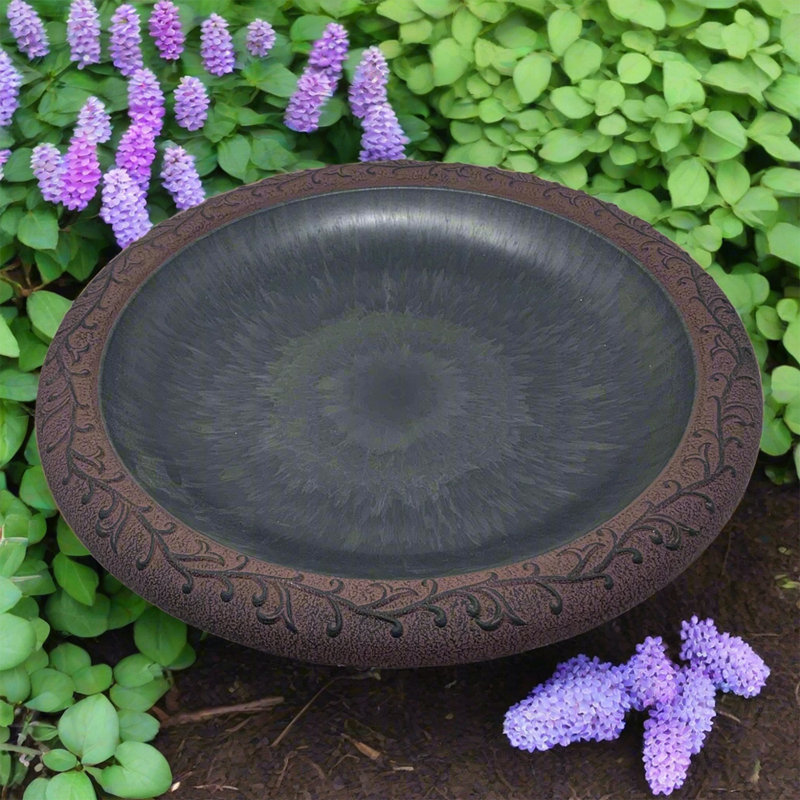 Birds and Beyond 19"D Fiber Clay Birdbath Bowl with Design Rim, Black/Red