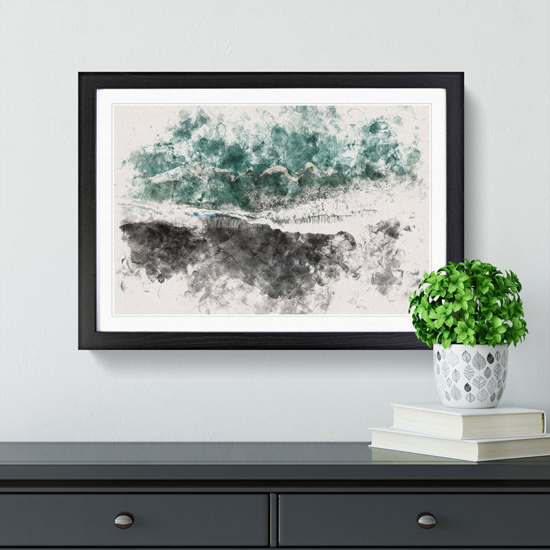 Above The Black Sand Beach In Iceland Watercolour Framed Print, 36cm H x 48cm W x 2cm D, Black Framed