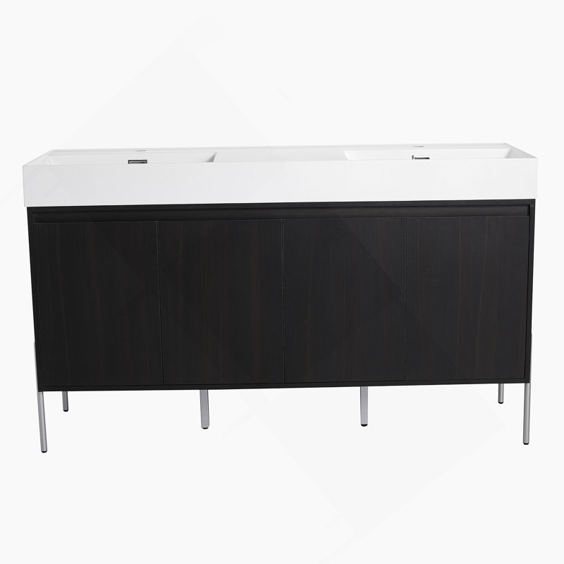 Meuble-lavabo autoportant 60 po avec double lavabo en résine, armoire de rangement avec portes à fermeture douce (ensemble KD)
