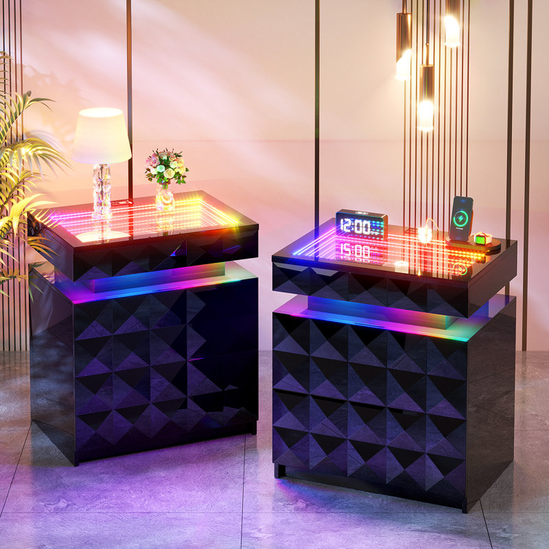 50cm W Bedside Table with 3D Mirror Abyss and Sensor RGB Lighting, 2-Drawer Bedside Table with Hidden Storage And Lockable