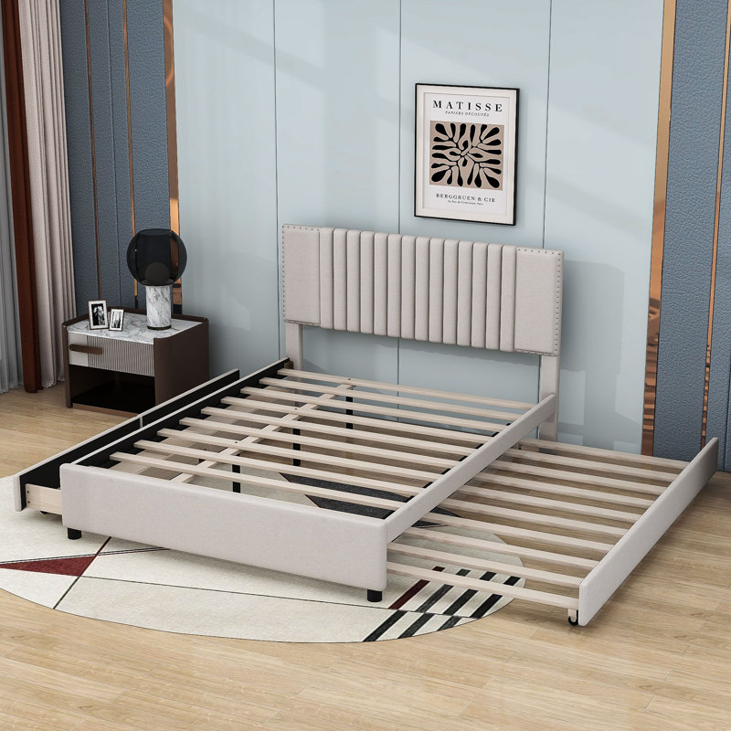 Lit plateforme tapissier à 2 tiroirs avec lit gigogne simple Grifin, Beige, Grand