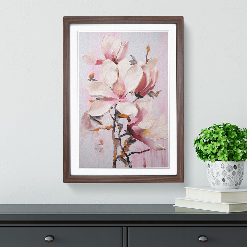 Magnolia Flower Action Painting No.2 - Single Picture Frame Print on Wood, 34cm H x 25cm W x 2cm D, Walnut Framed