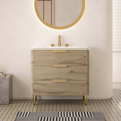 Bathroom Vanity With Sink, Freestanding Curved Edges Plywood Cabinet With Drawers, Carrara White Sintered Stone Integrated Basin, Pre-Assembled