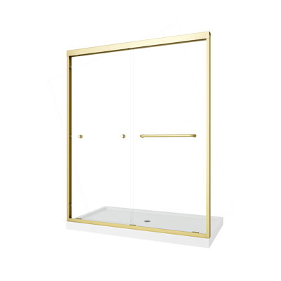 Porte de douche coulissante double en or brossé réversible de 55 à 60 po x H 72 po avec cadre en alliage d'aluminium, verre trempé de 1/4 po (6 mm) avec membrane Nano anti-déflagrante, installation facile