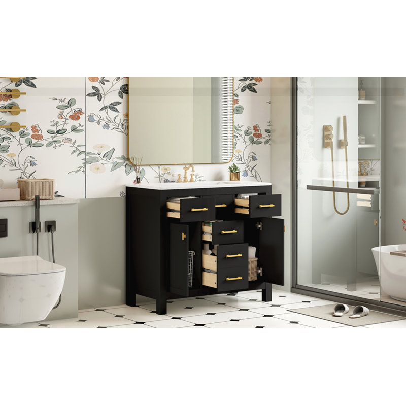 Armoire de salle de bain moderne autoportante simple avec 4 tiroirs et 2 armoires, Noir
