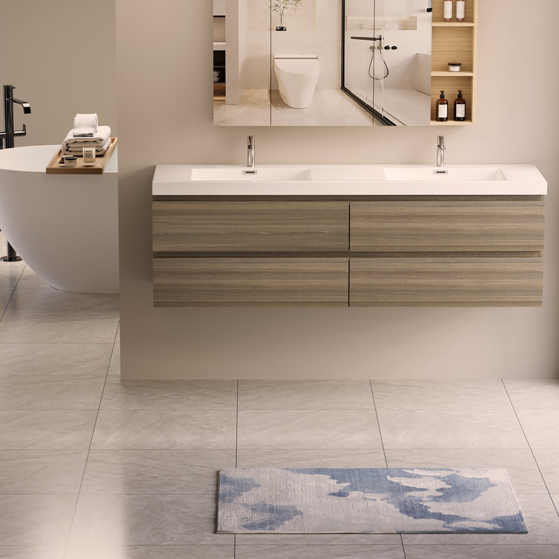 Meuble-lavabo mural 72 po avec lavabo, meuble-lavabo mural 72 po avec lavabo en résine et quatre tiroirs, Gris