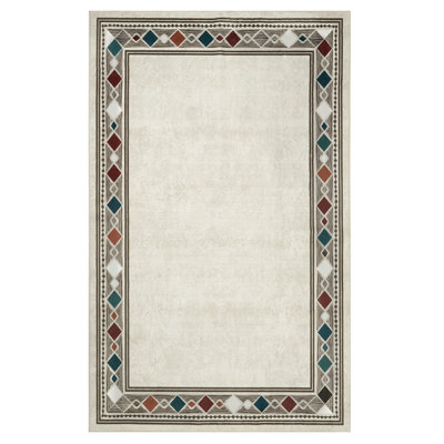 Modern Machine Washable Rugs Bordered Design Non-Slip Low Pile Rubber Backing Indoor Area Rug for Living Room Bedroom Kitchen Dining Room
