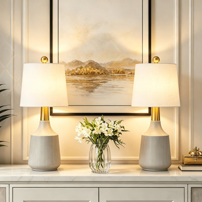 Ensemble de 2 lampes de table modernes en céramique blanc cassé de 50 cm (19,75 po) avec abat-jour en lin blanc et interrupteur rotatif pour chambre à coucher et salon.