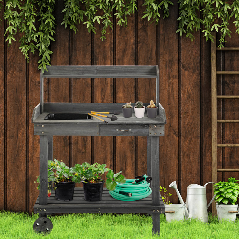 36'' Wooden Potting Bench In Gray With Removable Wheels, Sink, Drawer & Generous Storage Capacity - Desk Movable Abundant Area Garden Work Table