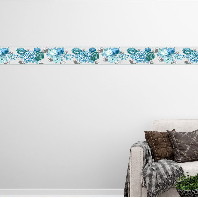 Bordure de papier peint autocollant Jendri - abstrait bleu, fleurs bleu sarcelle, roses, bordure rétro, 15 pi X 7 po, auto-adhésif