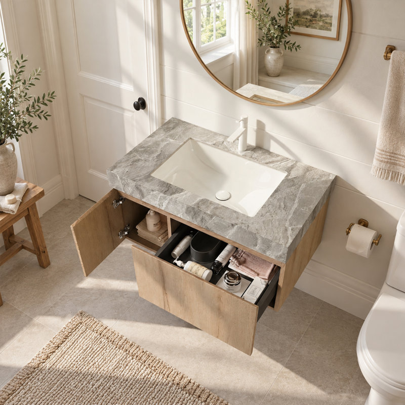 Meuble-lavabo moderne avec lavabo simple brillant, plateau de table en pierre frittée avec jolis armoires en bois, pré-assemblé
