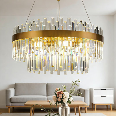Modern Crystal Chandelier Flush Mount Light Fixture, 9-Light Two-Tier Raindrop Design With Adjustable Cord For Dining Room, Living Room, Foyer And Entryway