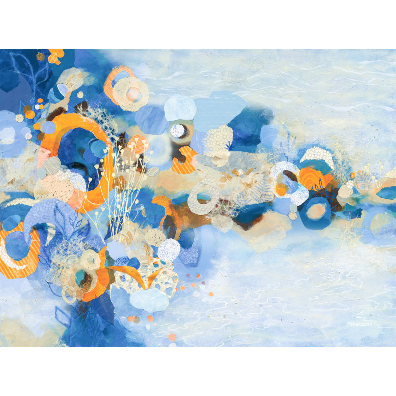 Cercles et tiges en dessin abstrait, bleu, cobalt, cyan, orange, crème, brun clair, collage, H 16 po x l 24 po x P 1,5 po