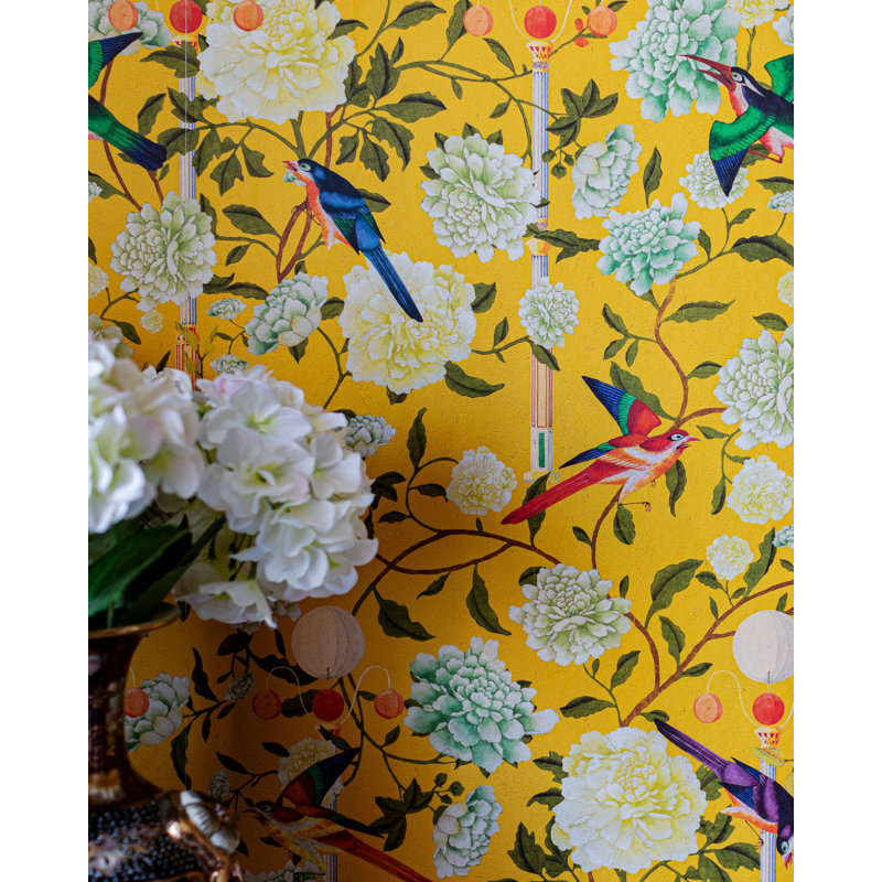 Chinese Garden Floral Wallpaper Roll, Mustard Yellow/Red/Green