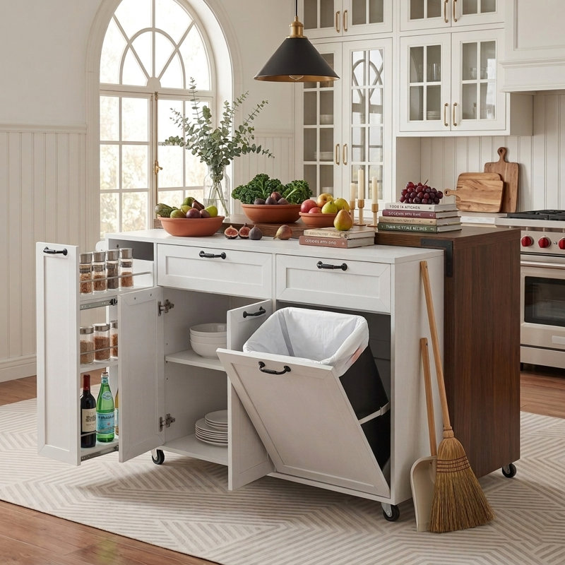 Îlot de cuisine de 56 po à 102 po avec table pivotante à 180 ° / 90 ° et armoire à déchets intégrée, Blanc