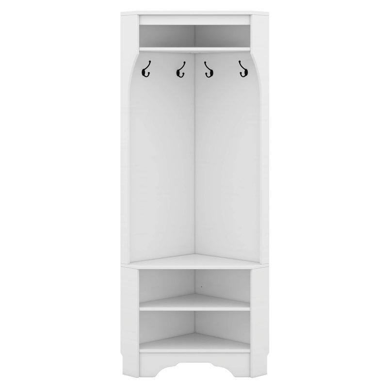 Corner Hall Tree With Shoe Bench, Versatile Coat Rack With 4 Hooks, Corner Cabinet With Adjustable Shelf, White