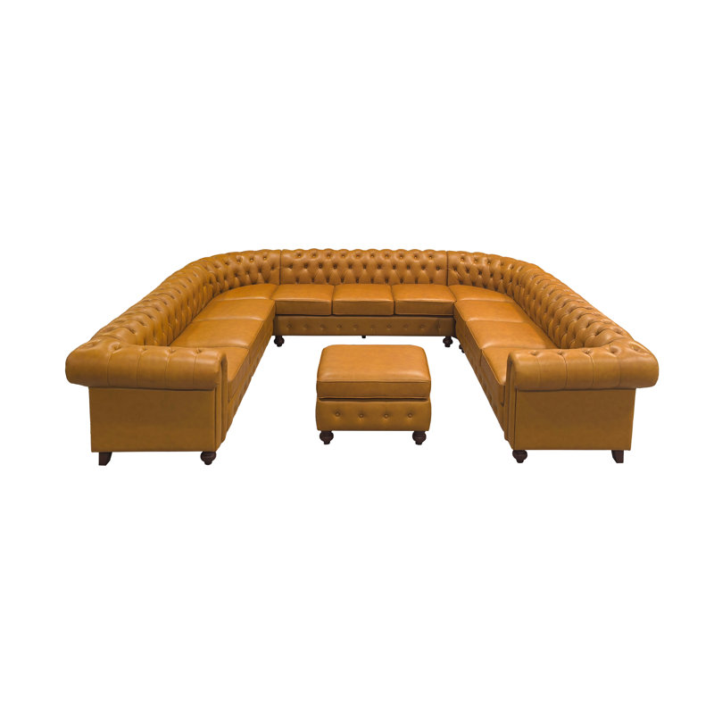 Emelle Old Fashion Top-Grain Leather Sectional Sofa, Ginger Leather Match