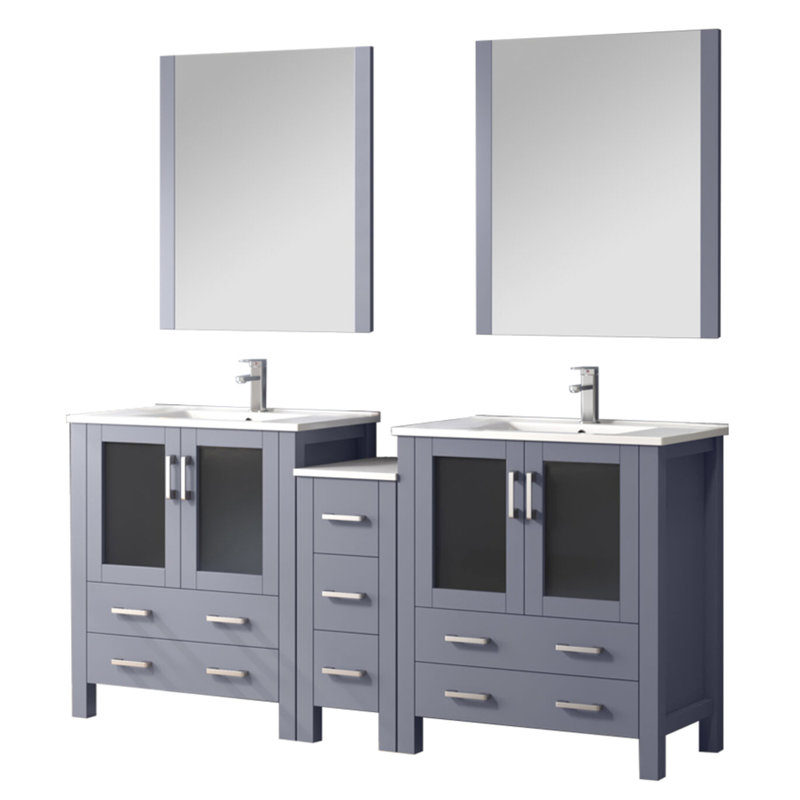 72 po Meuble-lavabo double gris foncé avec armoires latérales, robinet, 28 miroirs et comptoir en céramique avec comptoir en céramique