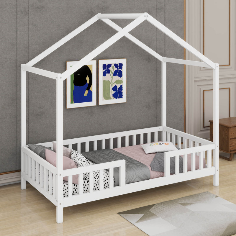 Twin Bed Frame With High Railings, Twin, White