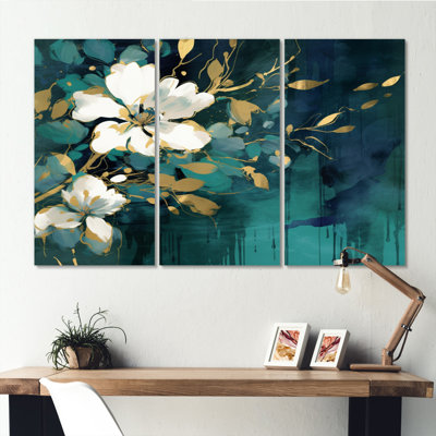 «White Teal Plants In Chaos III» sur toile, reproduction de 3 pièces