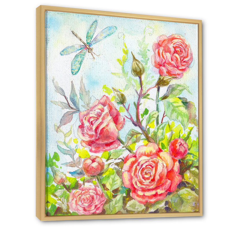 Roses rétro en fleurs avec libellule - décoration murale traditionnelle sur toile, H 40 po x l 30 po x P 1,5 po