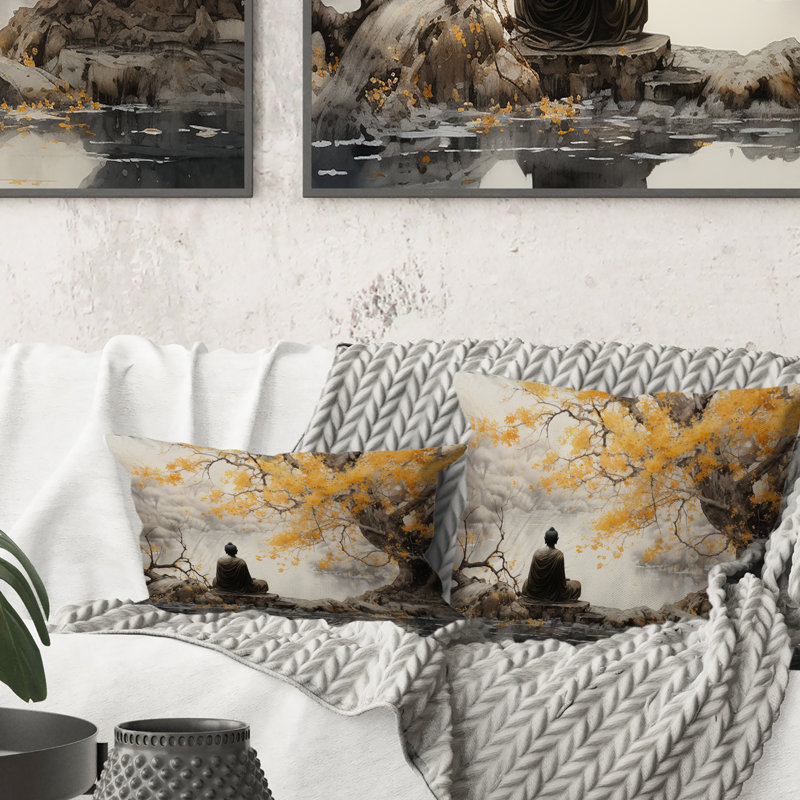 Coussin décoratif imprimé bouddhisme gris et jaune
