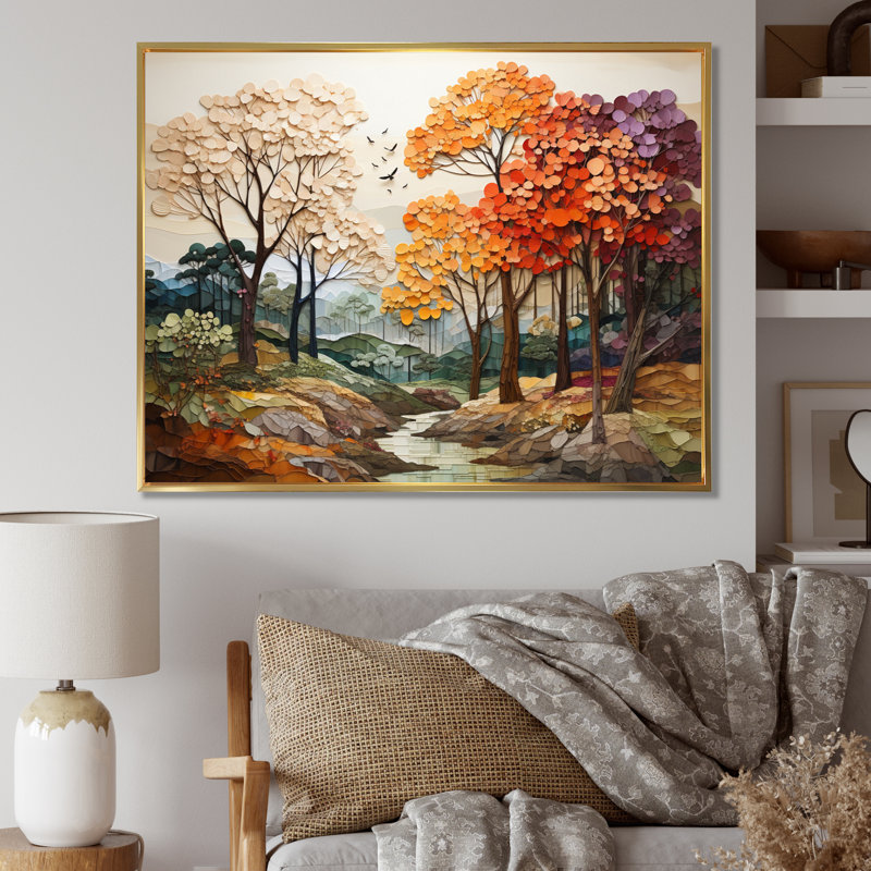 Érable, mosaïque de la saison I - reproduction, Cadre flottant doré, H 34 po x l 44 po x P 1,5 po