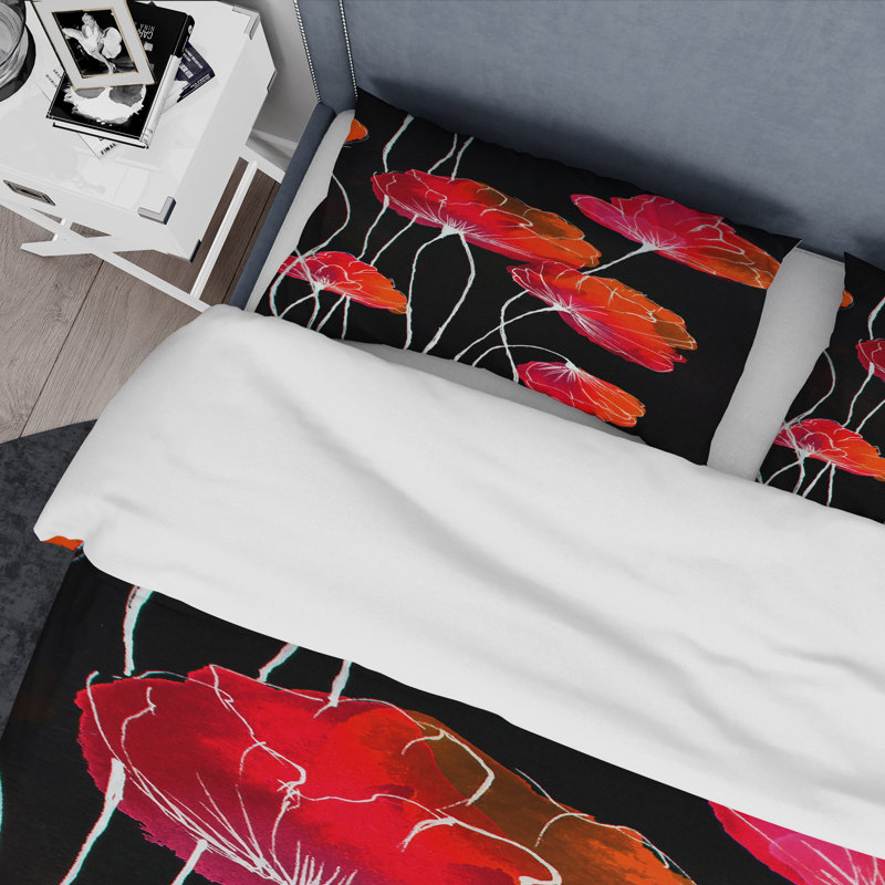 Abstrait fleur rouge sur fond noir II - ensemble de housse de couette traditionnel - microfibre de polyester