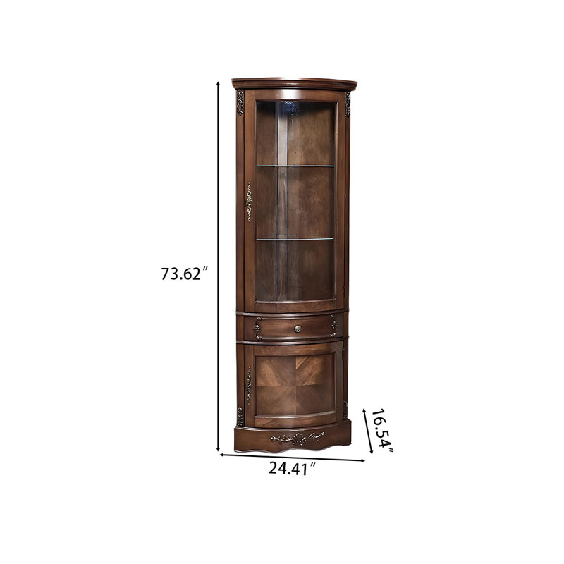 Armoire de coin 24,41 po en bois massif de style américain avec panneau de présentation en verre et unité de rangement pour le vin