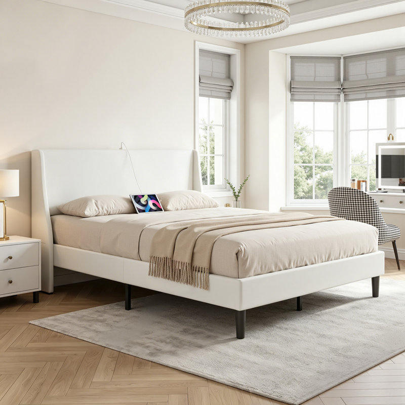 Structure de lit grand format en lin avec tête de lit à oreilles, lit plateforme grand à oreilles avec support à lattes en bois, ports USB, aucun sommier tapissier requis, sans bruit