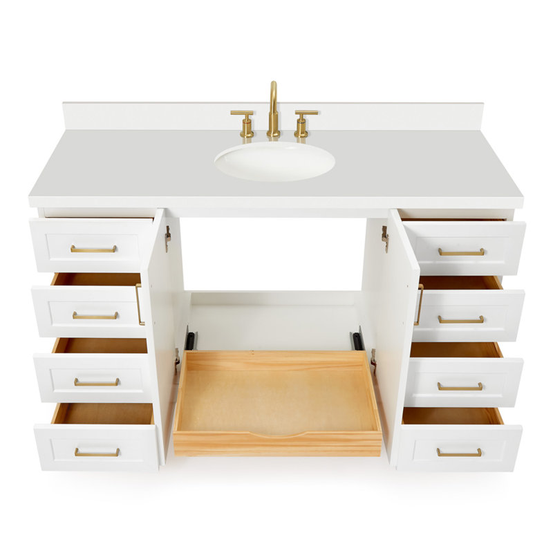 61 IN.  Single Bathroom Vanity, White, Oval, White Quartz