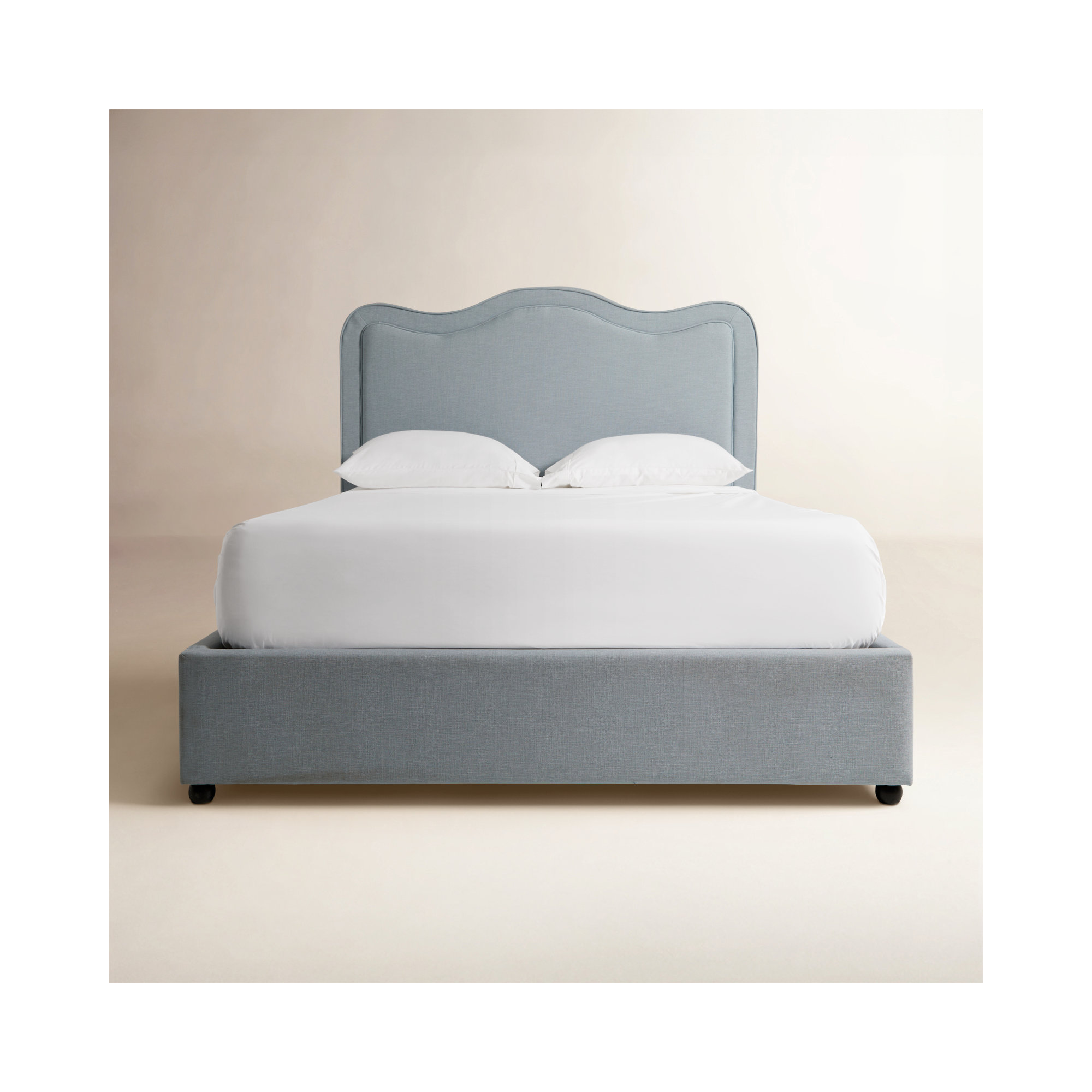 Upholstered Scalloped Bed, Light Blue Performance Linen, Queen