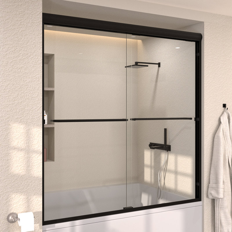 Nepti Matte Black Semi-Frameless Sliding Shower Door with Clear Glass