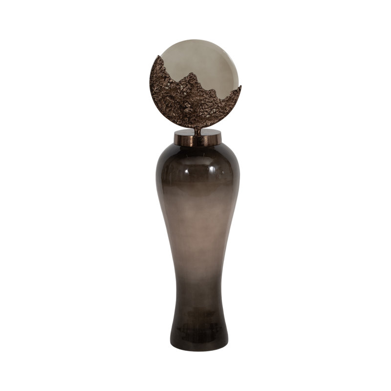 Pot décoratif en métal et en verre avec couvercle sculptural artistique dans un style glamour avec silhouette élégante et dessus rond texturé pour un attrait moderne luxueux et un intérêt visuel accrocheur