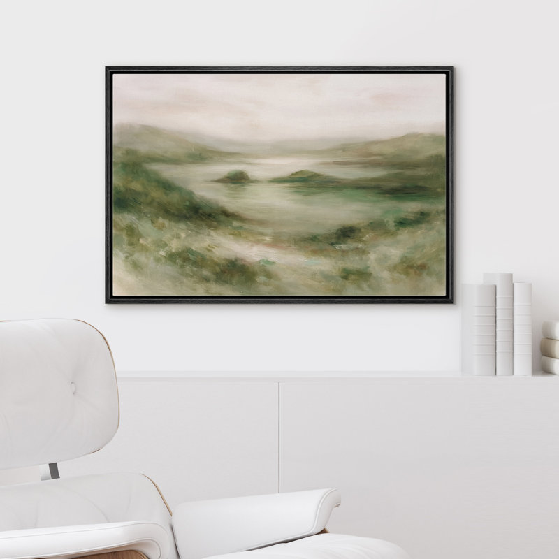 Douce colline verte surplombant un lac tranquille, reproduction d'art sur toile encadrée dans la chambre principale, Noir