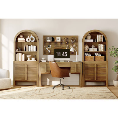Ensemble de bureau 2 pièces, bureau de direction moderne de 53,5 po avec station de charge et tiroirs et bibliothèques arquées à 3 niveaux de hauteur de 71 po de hauteur avec rangement ouvert pour le salon, la chambre à coucher et le bureau à domicile