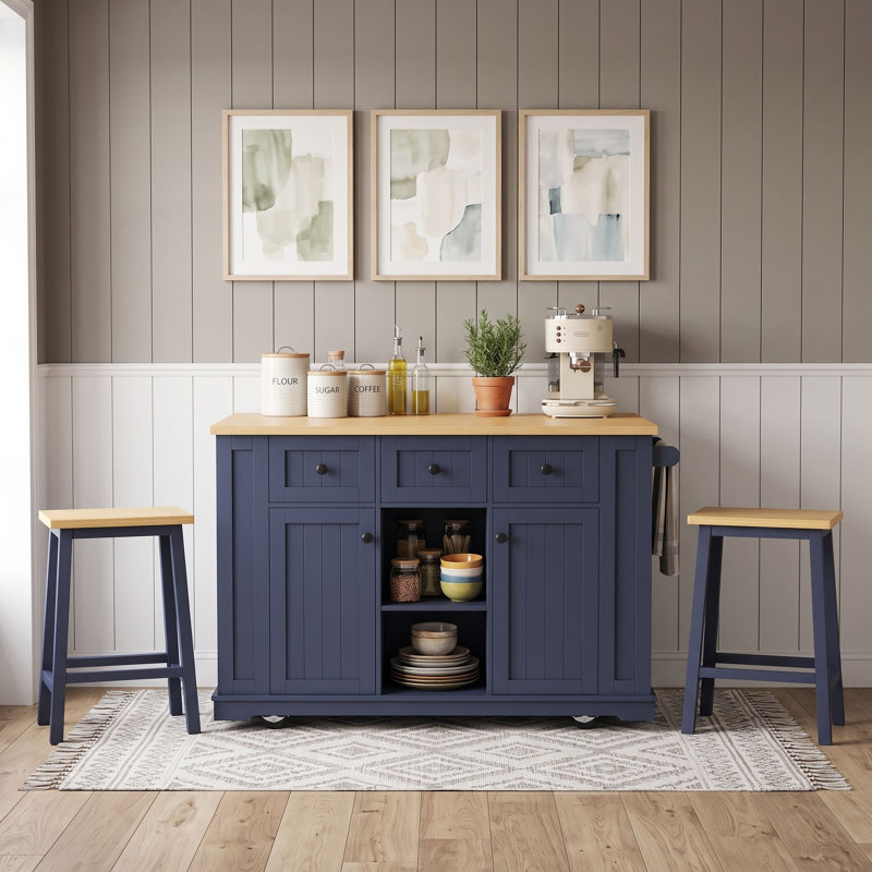 Ensemble d'îlot de cuisine 3 pièces avec 2 tabourets de bar, abattant, station de charge, tablettes et roues réglables