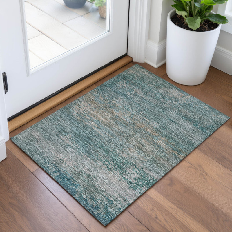 Machine Washable Indoor/Outdoor Xhevrie Aqua Rug, Rectangle 1'8" x 2'6"
