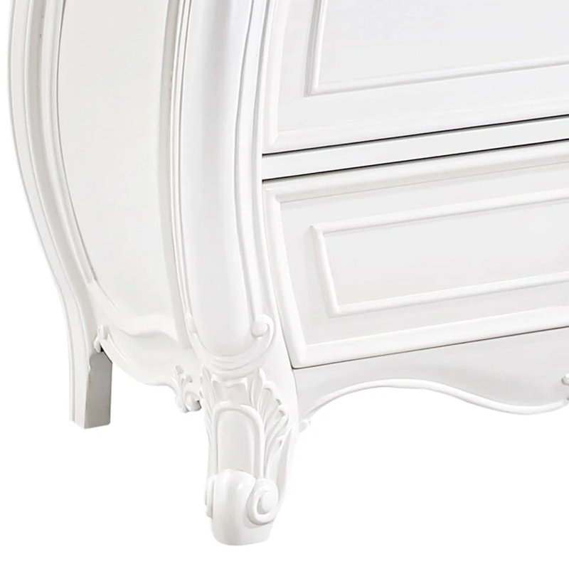 Commode 9 tiroirs Valena, bois massif blanc avec détails sculptés