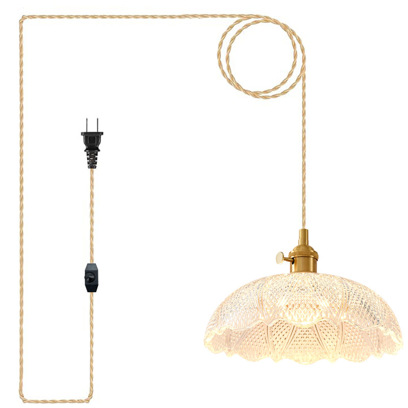 Oyisen Hanging Lamp Plug in Braided Adjustable 14Ft Light Cord Plug in Pendant Light 9.8 Inch Glass Lampshade Hanging Ceiling Light Kitchen Island On/Off Switch Hanging Lights
