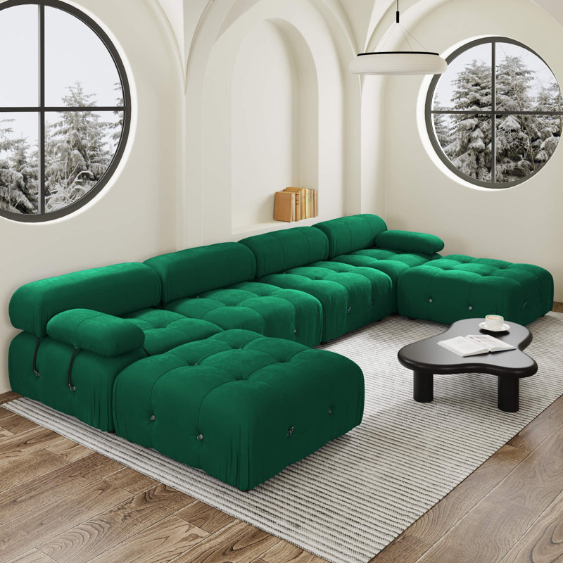 Canapé rembourré 4 places avec 2 repose-pieds en velours moelleux, dossier et accoudoirs amovibles de style Mario Bellini