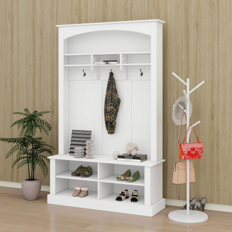 Portemanteau avec banc et rangement pour chaussures pour l'entrée, portemanteau avec 3 crochets et espace de rangement ouvert