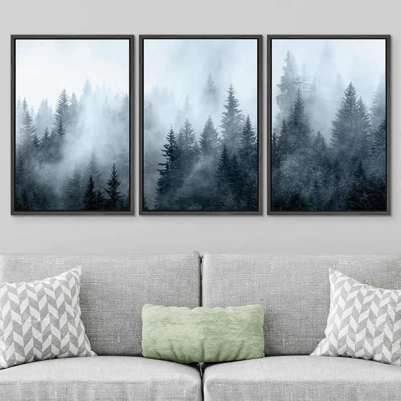«Winter Fog Mist Pine Tree Mountain Forest Nature Wilderness», reproduction sur toile 3 pièces, Cadre noir
