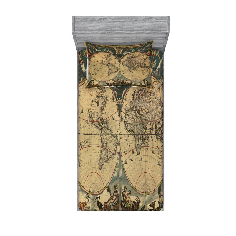 Ensemble de draps Old Map of World, Ensemble de draps pour lit simple avec drap-housse