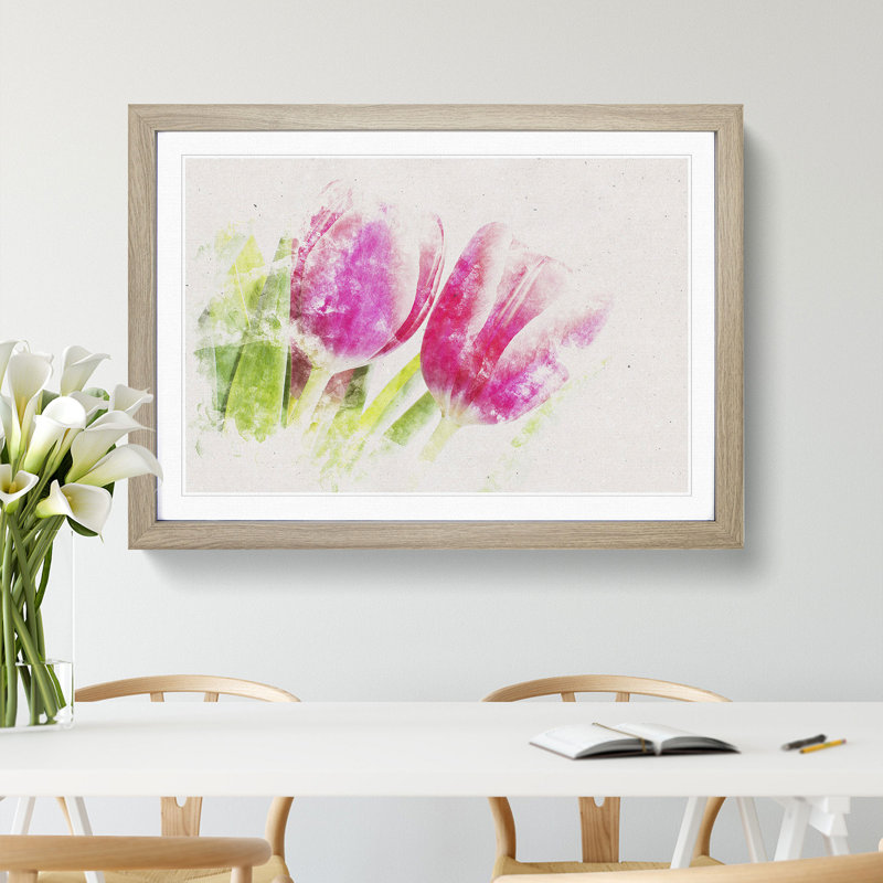Pair of Pink Tulip Flowers - Framed Print, 62cm H x 87cm W x 2cm D, Oak Framed