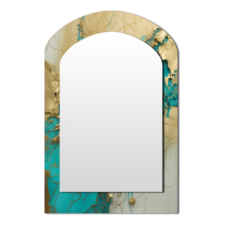Encre liquide captivante liquide or turquoise - miroir unique asymétrique en marbre, grand miroir mural arqué turquoise, impression d'art en métal