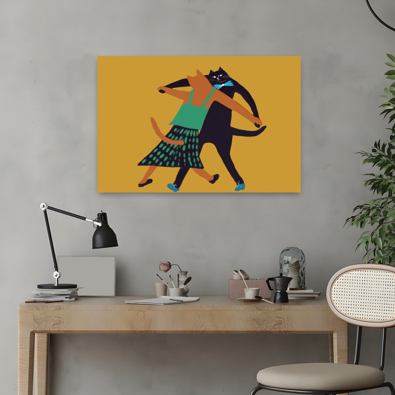 «Dancing Cat Couple», art moderne de chat romantique ludique, 16" H x 24" W